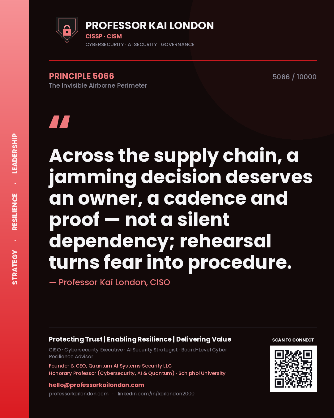 Quote card by Professor Kai London reading 'Across the supply chain, a jamming decision deserves an owner, a cadence and proof — not a silent dependency; rehearsal turns fear into procedure.'. From the book The Invisible Airborne Perimeter.