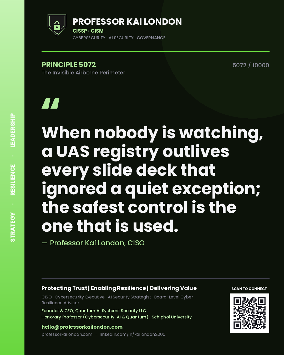 Professor Kai London principle 5072: When nobody is watching, a UAS registry outlives every slide deck that ignored a quiet exception; the safest control is the one that is used.