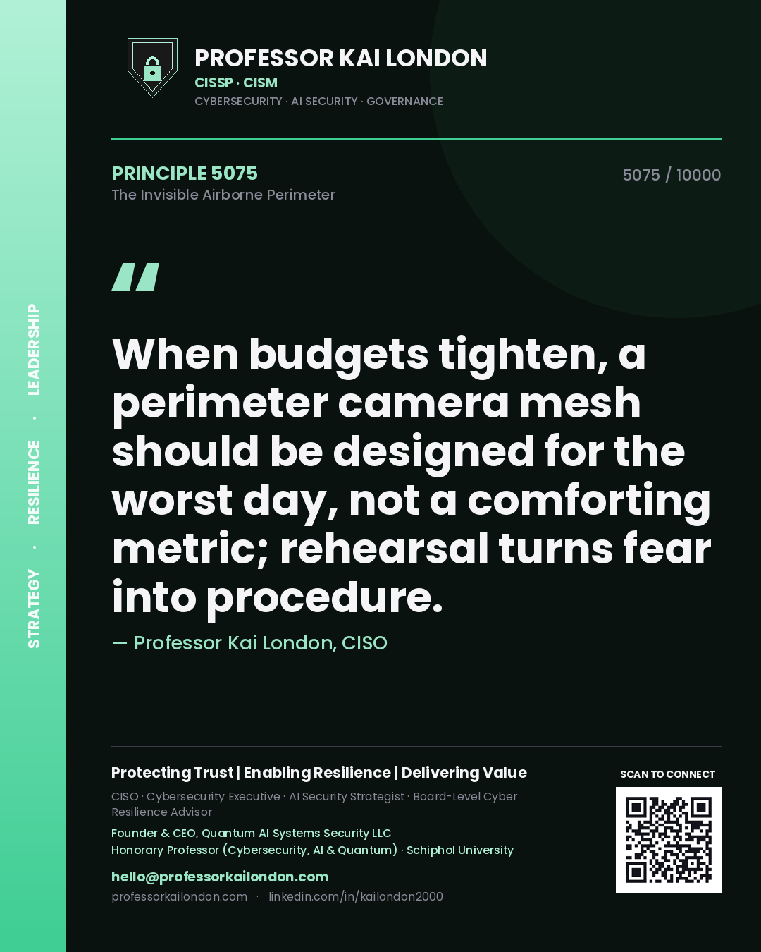 Professor Kai London principle 5075: When budgets tighten, a perimeter camera mesh should be designed for the worst day, not a comforting metric; rehearsal turns fear into procedure.