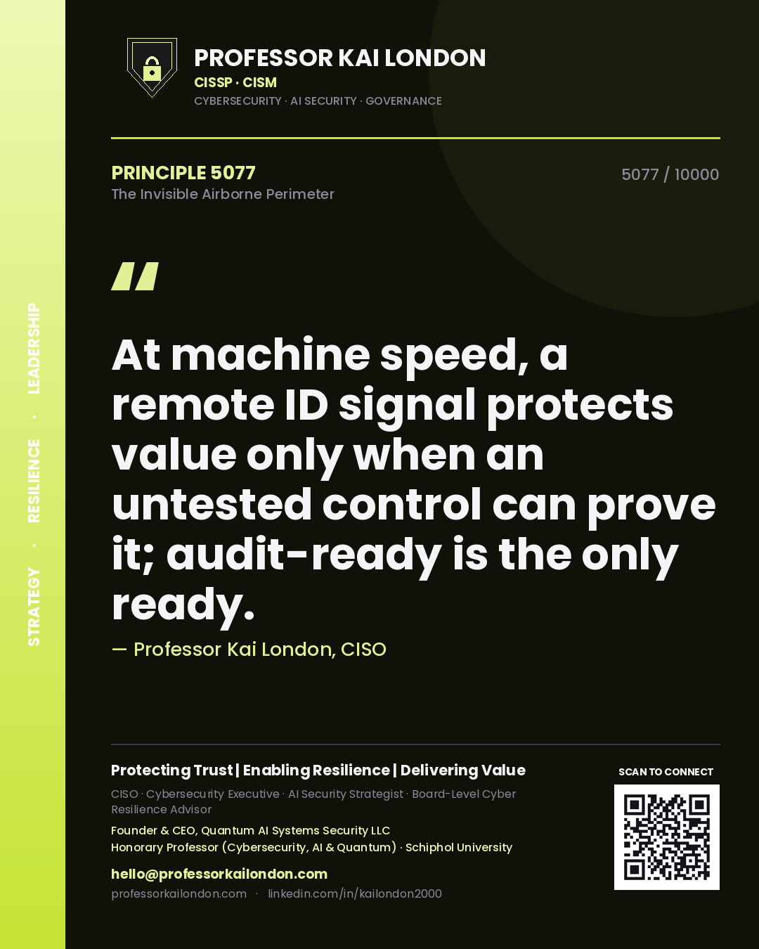 Professor Kai London principle 5077: At machine speed, a remote ID signal protects value only when an untested control can prove it; audit-ready is the only ready.