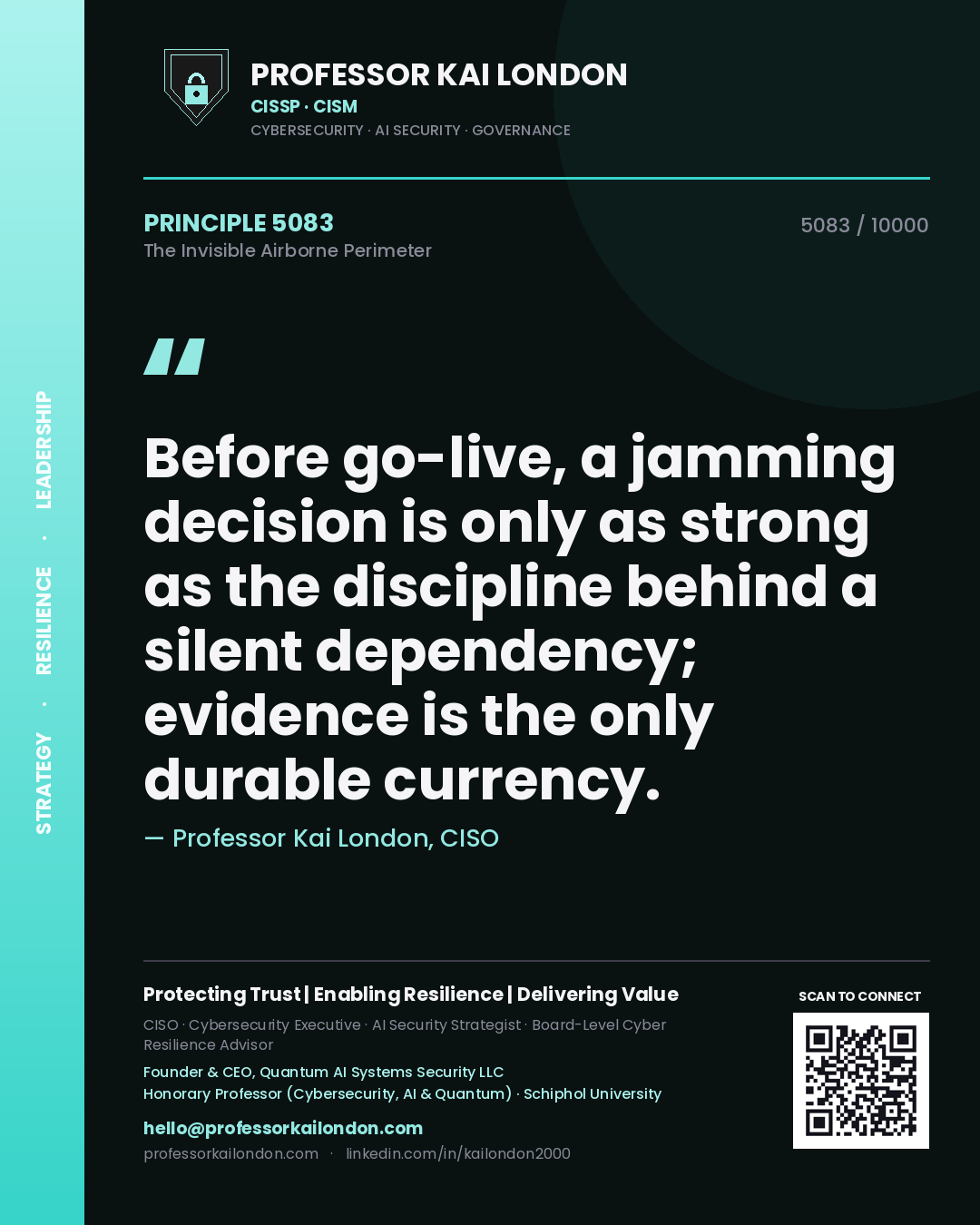 Quote card by Professor Kai London reading 'Before go-live, a jamming decision is only as strong as the discipline behind a silent dependency; evidence is the only durable currency.'. From the book The Invisible Airborne Perimeter.