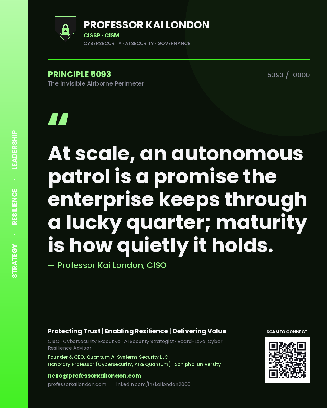 Quote card by Professor Kai London reading 'At scale, an autonomous patrol is a promise the enterprise keeps through a lucky quarter; maturity is how quietly it holds.'. From the book The Invisible Airborne Perimeter.