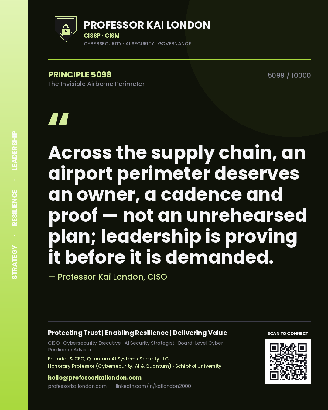 Quote card by Professor Kai London reading 'Across the supply chain, an airport perimeter deserves an owner, a cadence and proof — not an unrehearsed plan; leadership is proving it before it is demanded.'. From the book The Invisible Airborne Perimeter.