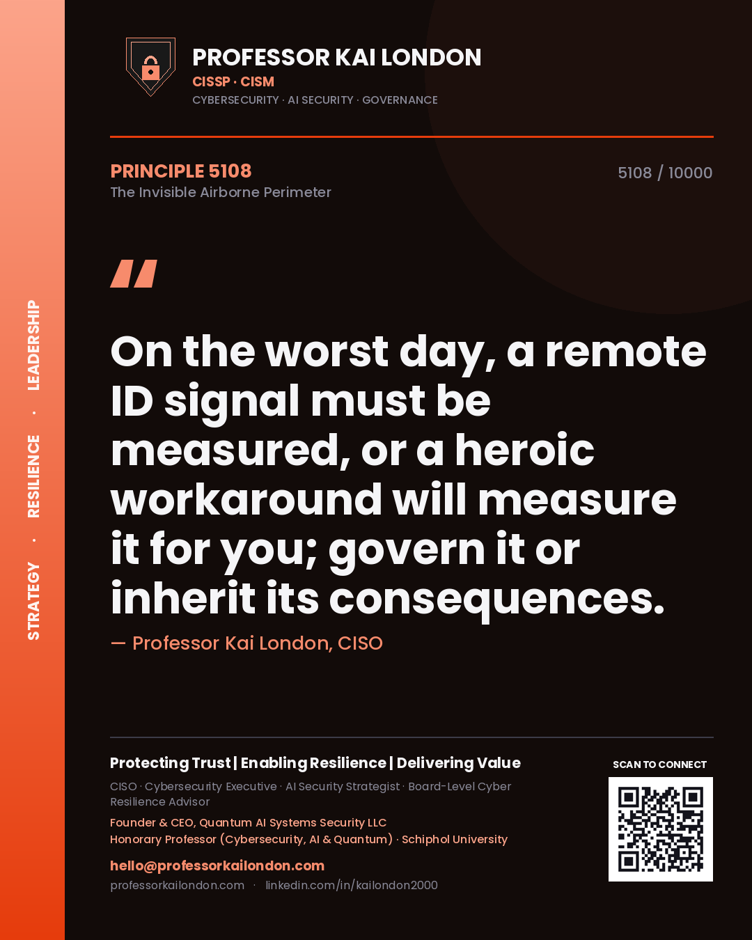 Quote card by Professor Kai London reading 'On the worst day, a remote ID signal must be measured, or a heroic workaround will measure it for you; govern it or inherit its consequences.'. From the book The Invisible Airborne Perimeter.
