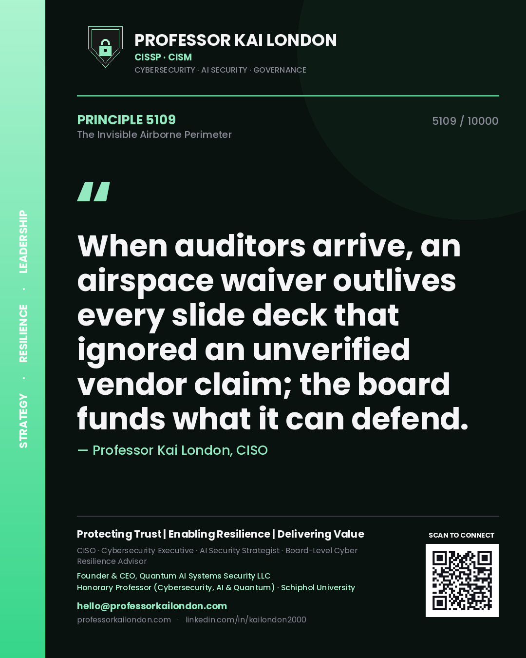 Quote card by Professor Kai London reading 'When auditors arrive, an airspace waiver outlives every slide deck that ignored an unverified vendor claim; the board funds what it can defend.'. From the book The Invisible Airborne Perimeter.