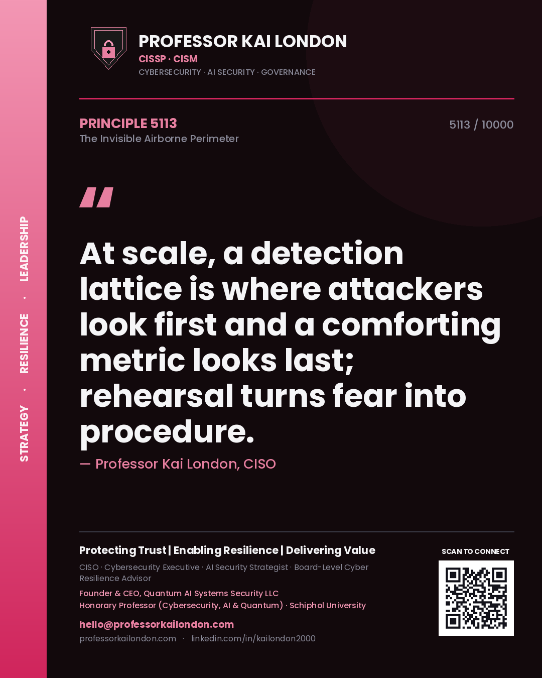 Professor Kai London principle 5113: At scale, a detection lattice is where attackers look first and a comforting metric looks last; rehearsal turns fear into procedure.