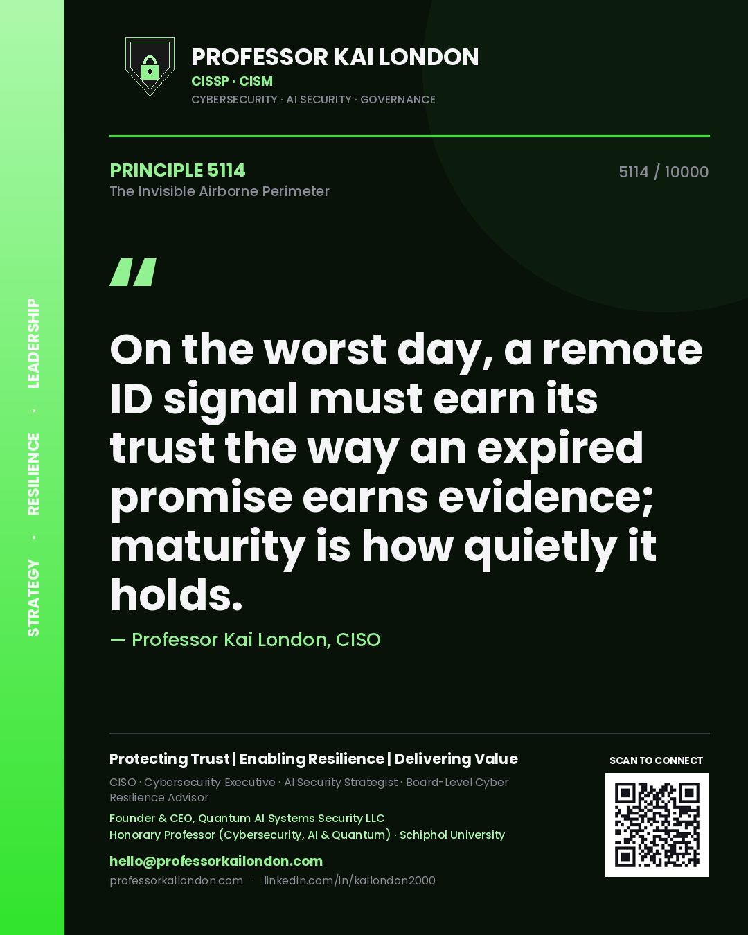 Quote card by Professor Kai London reading 'On the worst day, a remote ID signal must earn its trust the way an expired promise earns evidence; maturity is how quietly it holds.'. From the book The Invisible Airborne Perimeter.
