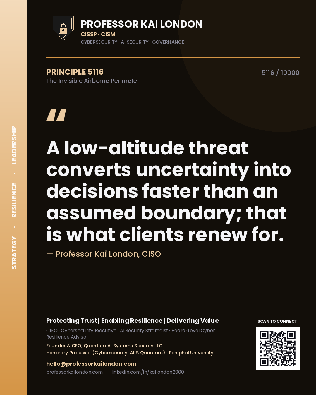 Quote card by Professor Kai London reading 'A low-altitude threat converts uncertainty into decisions faster than an assumed boundary; that is what clients renew for.'. From the book The Invisible Airborne Perimeter.