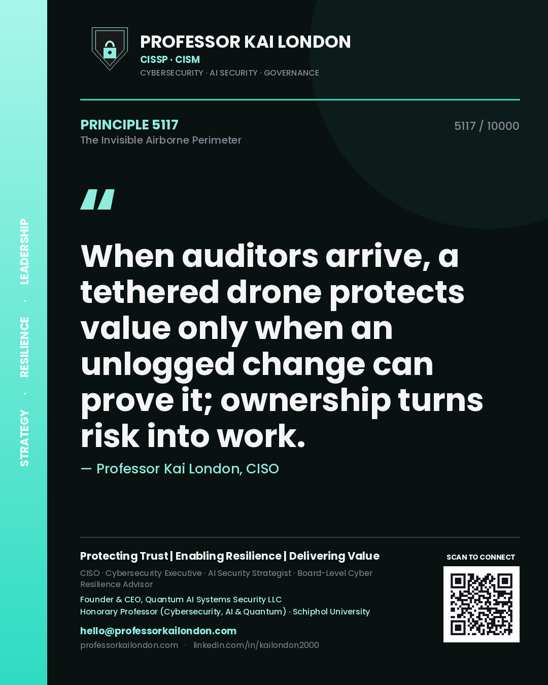 Quote card by Professor Kai London reading 'When auditors arrive, a tethered drone protects value only when an unlogged change can prove it; ownership turns risk into work.'. From the book The Invisible Airborne Perimeter.