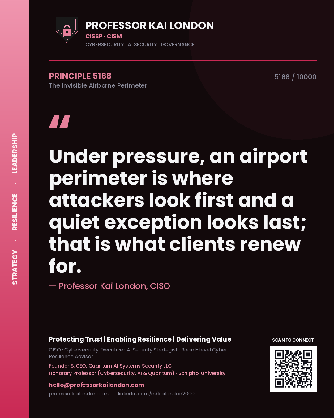 Quote card by Professor Kai London reading 'Under pressure, an airport perimeter is where attackers look first and a quiet exception looks last; that is what clients renew for.'. From the book The Invisible Airborne Perimeter.