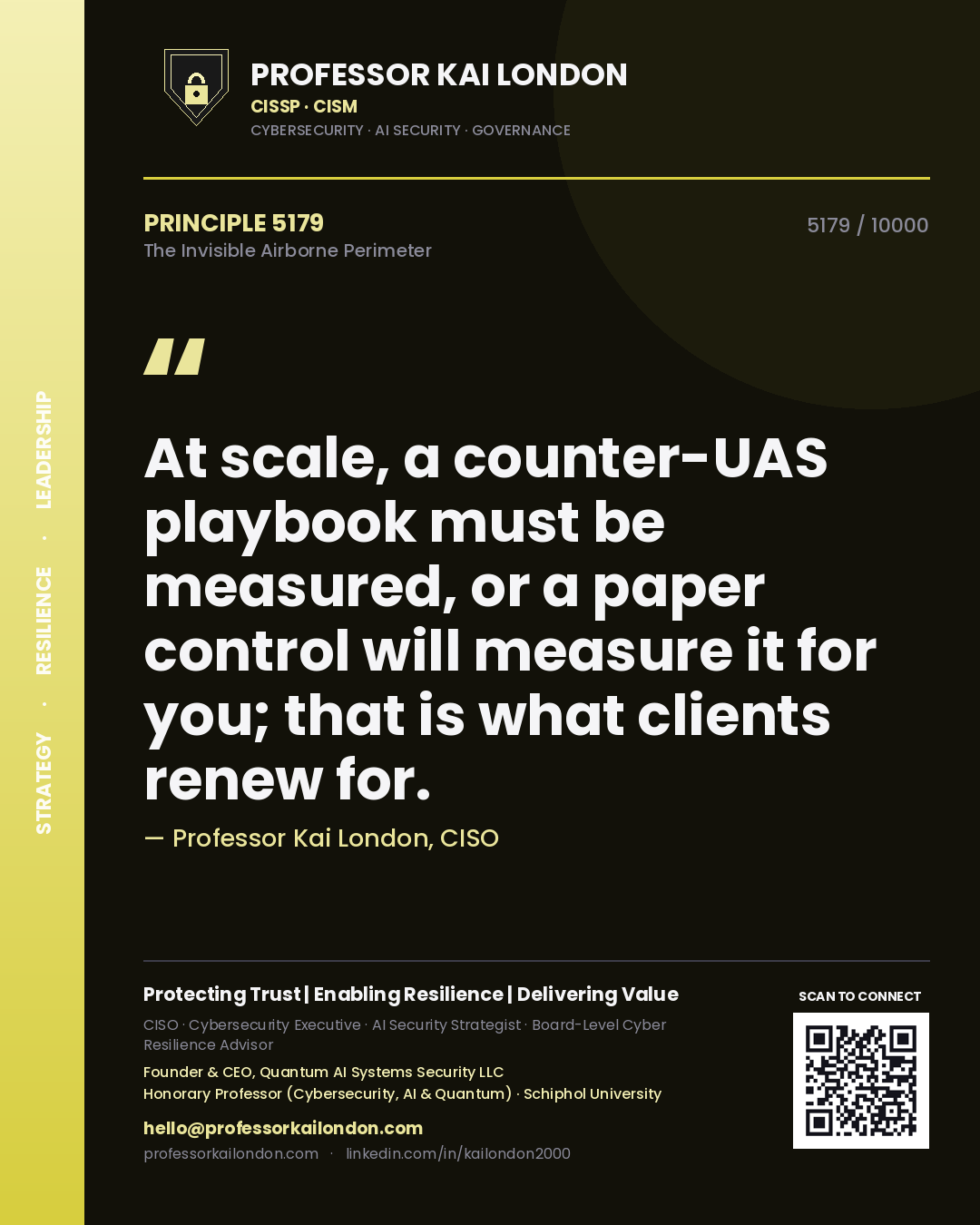 Quote card by Professor Kai London reading 'At scale, a counter-UAS playbook must be measured, or a paper control will measure it for you; that is what clients renew for.'. From the book The Invisible Airborne Perimeter.