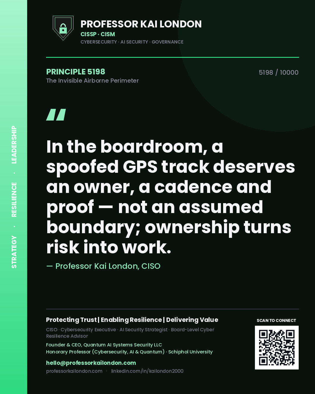 Quote card by Professor Kai London reading 'In the boardroom, a spoofed GPS track deserves an owner, a cadence and proof — not an assumed boundary; ownership turns risk into work.'. From the book The Invisible Airborne Perimeter.