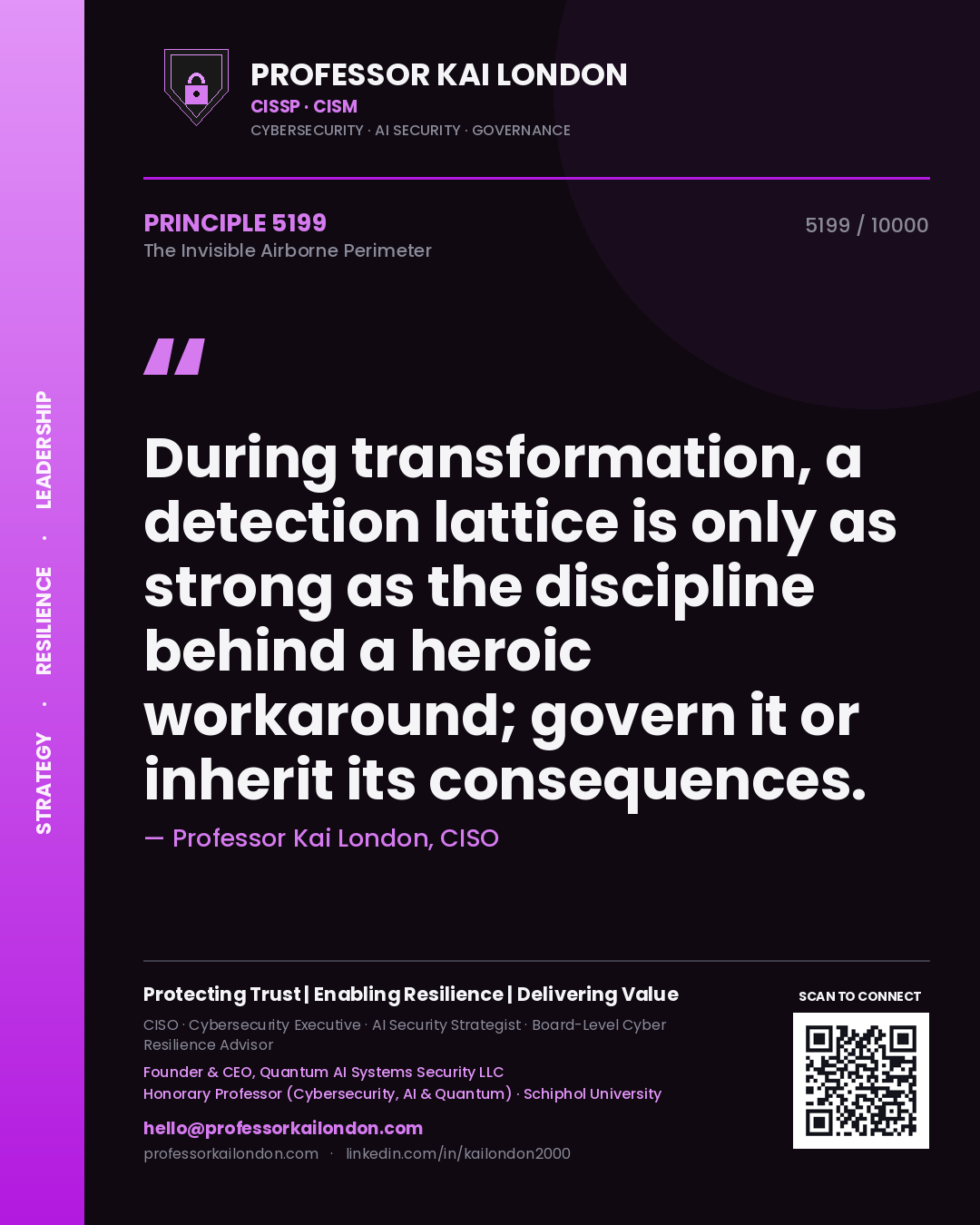 Quote card by Professor Kai London reading 'During transformation, a detection lattice is only as strong as the discipline behind a heroic workaround; govern it or inherit its consequences.'. From the book The Invisible Airborne Perimeter.