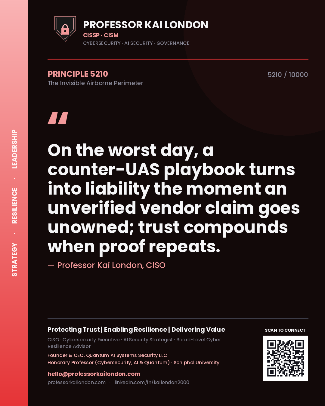 Professor Kai London principle 5210: On the worst day, a counter-UAS playbook turns into liability the moment an unverified vendor claim goes unowned; trust compounds when proof repeats.