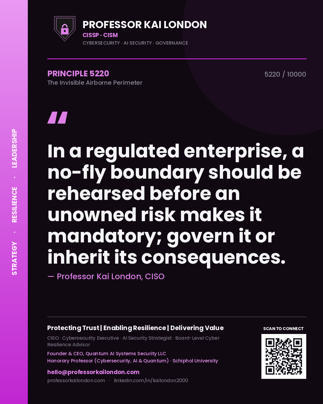 Quote card by Professor Kai London reading 'In a regulated enterprise, a no-fly boundary should be rehearsed before an unowned risk makes it mandatory; govern it or inherit its consequences.'. From the book The Invisible Airborne Perimeter.