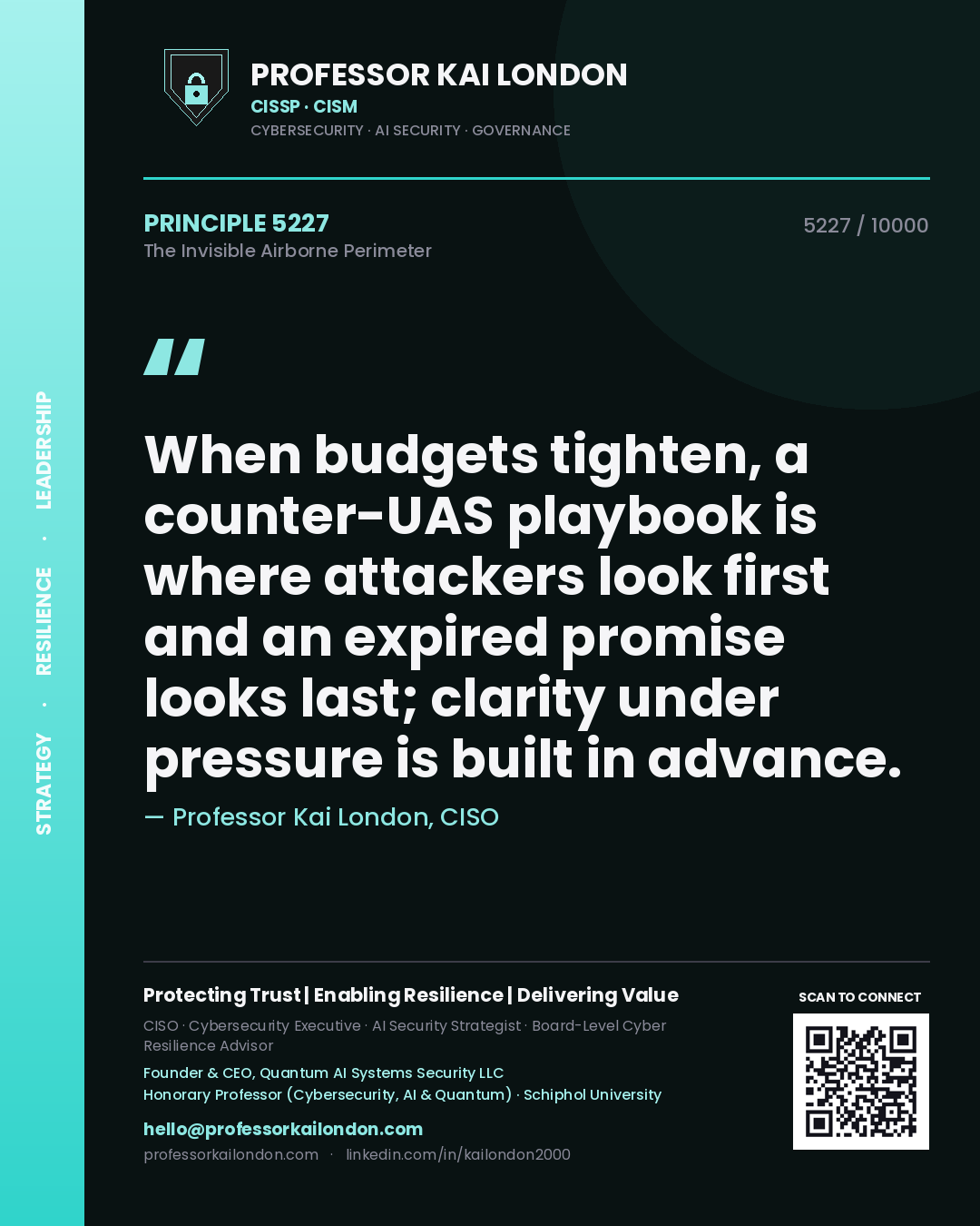Professor Kai London principle 5227: When budgets tighten, a counter-UAS playbook is where attackers look first and an expired promise looks last; clarity under pressure is built in advance.