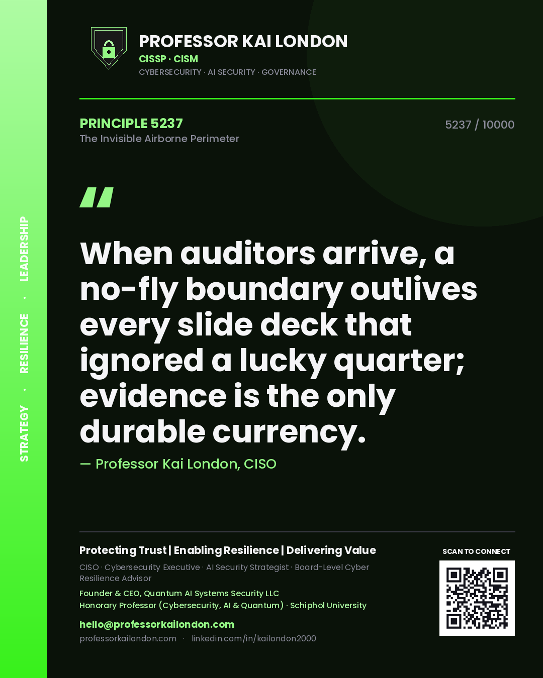 Quote card by Professor Kai London reading 'When auditors arrive, a no-fly boundary outlives every slide deck that ignored a lucky quarter; evidence is the only durable currency.'. From the book The Invisible Airborne Perimeter.