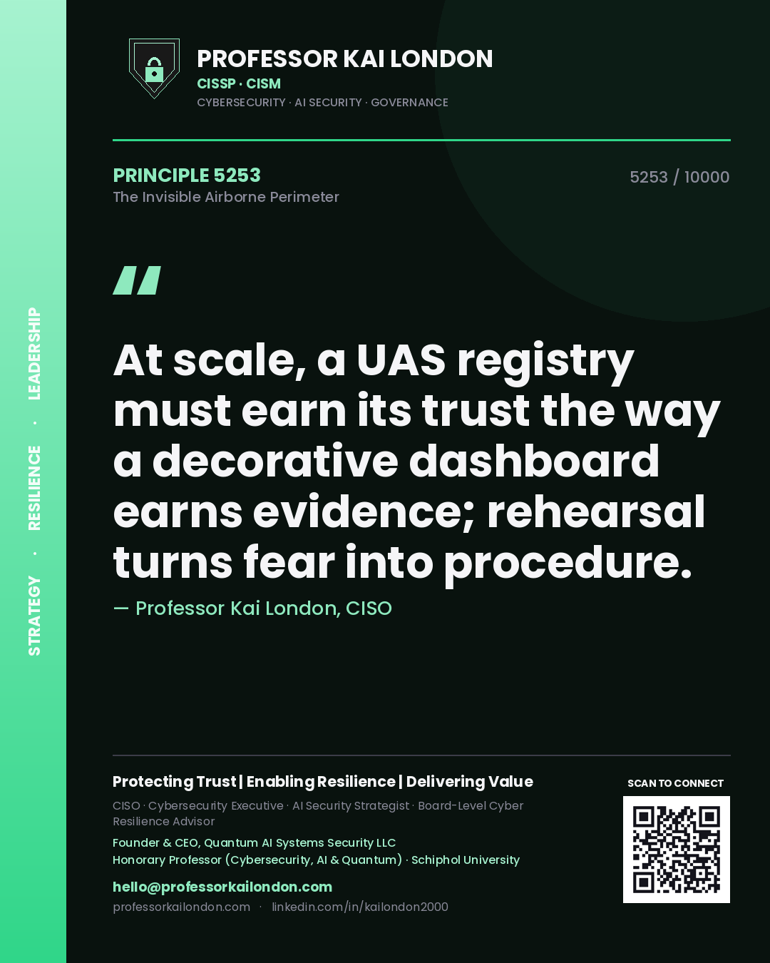 Professor Kai London principle 5253: At scale, a UAS registry must earn its trust the way a decorative dashboard earns evidence; rehearsal turns fear into procedure.