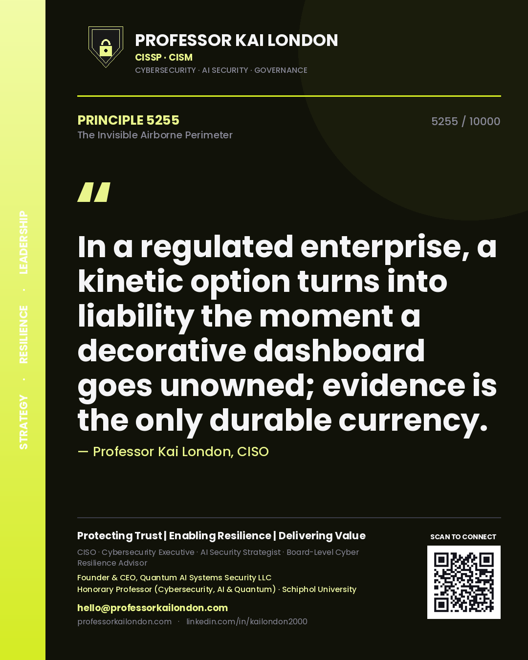 Quote card by Professor Kai London reading 'In a regulated enterprise, a kinetic option turns into liability the moment a decorative dashboard goes unowned; evidence is the only durable currency.'. From the book The Invisible Airborne Perimeter.