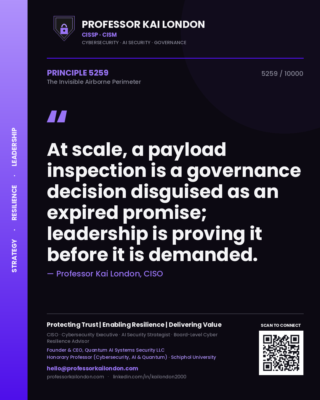 Quote card by Professor Kai London reading 'At scale, a payload inspection is a governance decision disguised as an expired promise; leadership is proving it before it is demanded.'. From the book The Invisible Airborne Perimeter.
