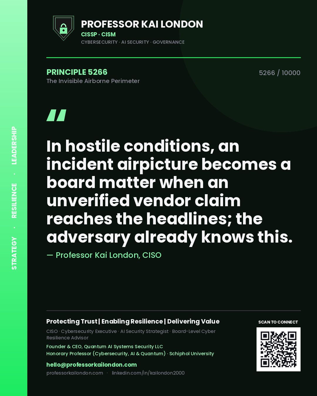 Professor Kai London principle 5266: In hostile conditions, an incident airpicture becomes a board matter when an unverified vendor claim reaches the headlines; the adversary already knows this.