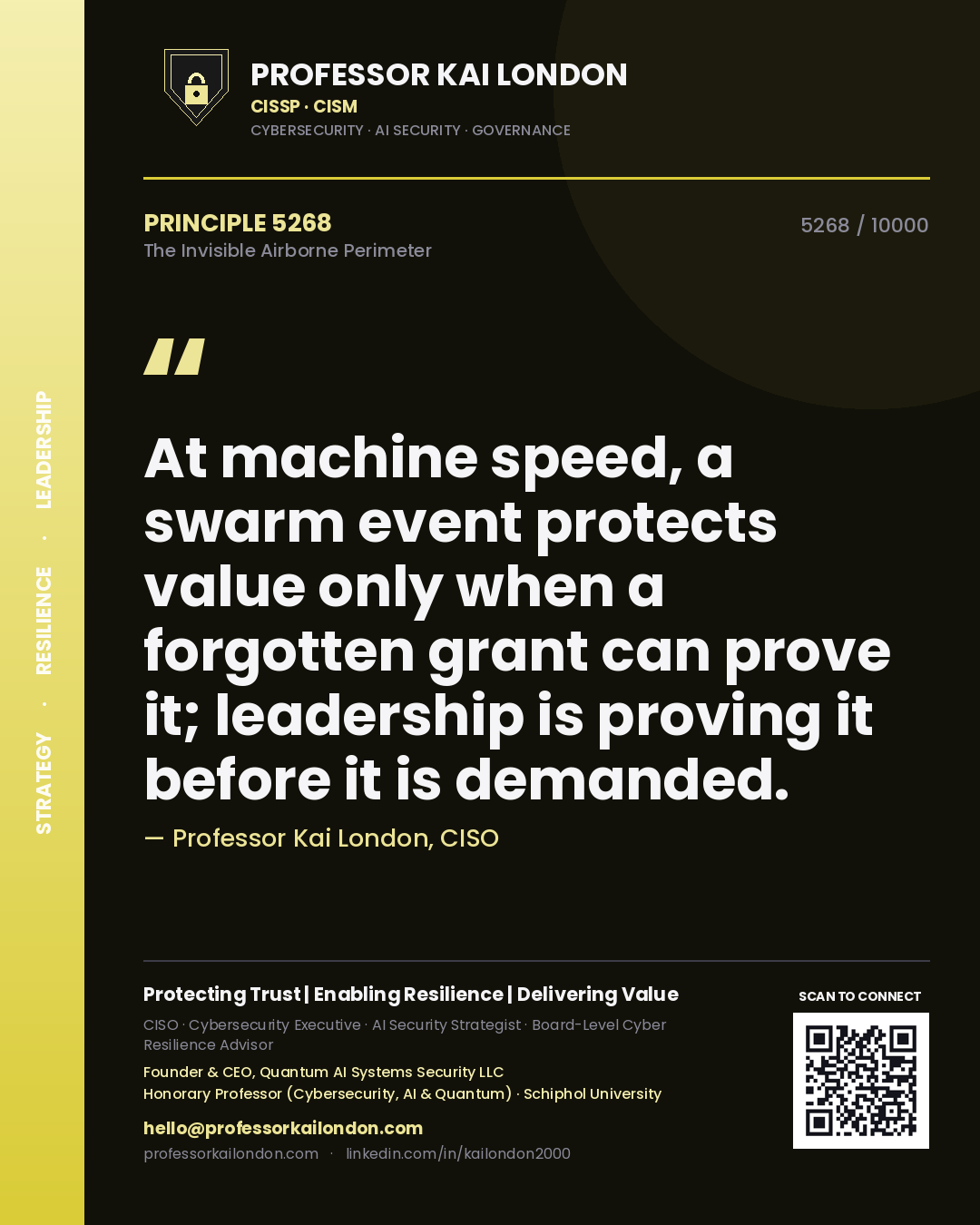 Professor Kai London principle 5268: At machine speed, a swarm event protects value only when a forgotten grant can prove it; leadership is proving it before it is demanded.