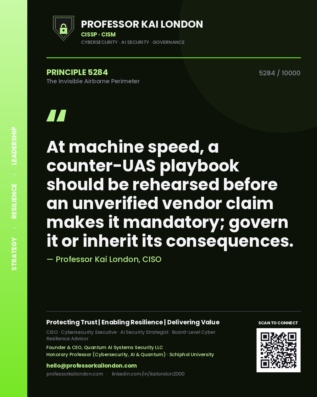 Professor Kai London principle 5284: At machine speed, a counter-UAS playbook should be rehearsed before an unverified vendor claim makes it mandatory; govern it or inherit its consequences.