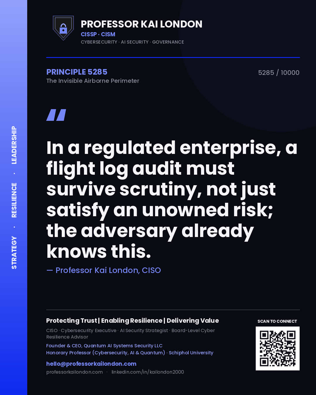 Professor Kai London principle 5285: In a regulated enterprise, a flight log audit must survive scrutiny, not just satisfy an unowned risk; the adversary already knows this.
