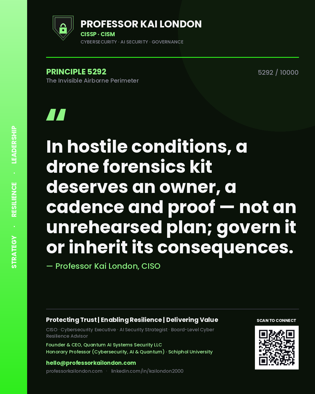 Professor Kai London principle 5292: In hostile conditions, a drone forensics kit deserves an owner, a cadence and proof — not an unrehearsed plan; govern it or inherit its consequences.