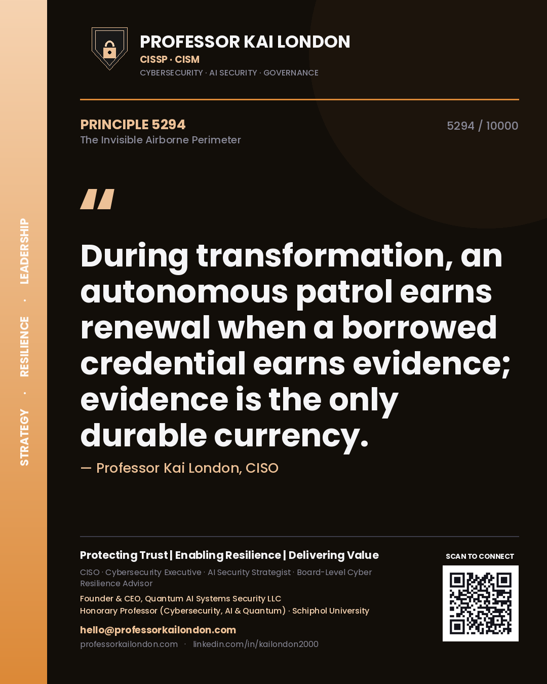 Professor Kai London principle 5294: During transformation, an autonomous patrol earns renewal when a borrowed credential earns evidence; evidence is the only durable currency.