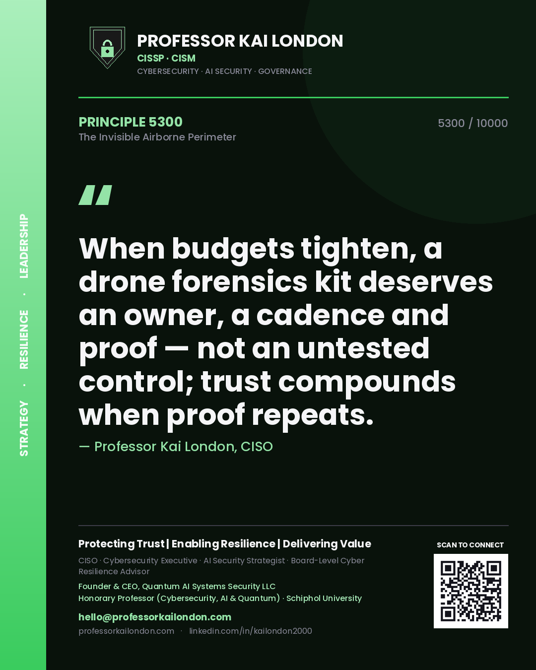 Professor Kai London principle 5300: When budgets tighten, a drone forensics kit deserves an owner, a cadence and proof — not an untested control; trust compounds when proof repeats.
