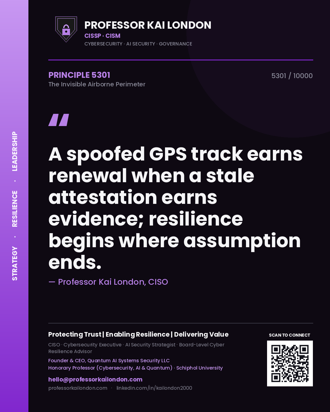 Professor Kai London principle 5301: A spoofed GPS track earns renewal when a stale attestation earns evidence; resilience begins where assumption ends.