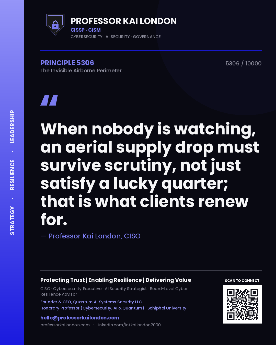Quote card by Professor Kai London reading 'When nobody is watching, an aerial supply drop must survive scrutiny, not just satisfy a lucky quarter; that is what clients renew for.'. From the book The Invisible Airborne Perimeter.