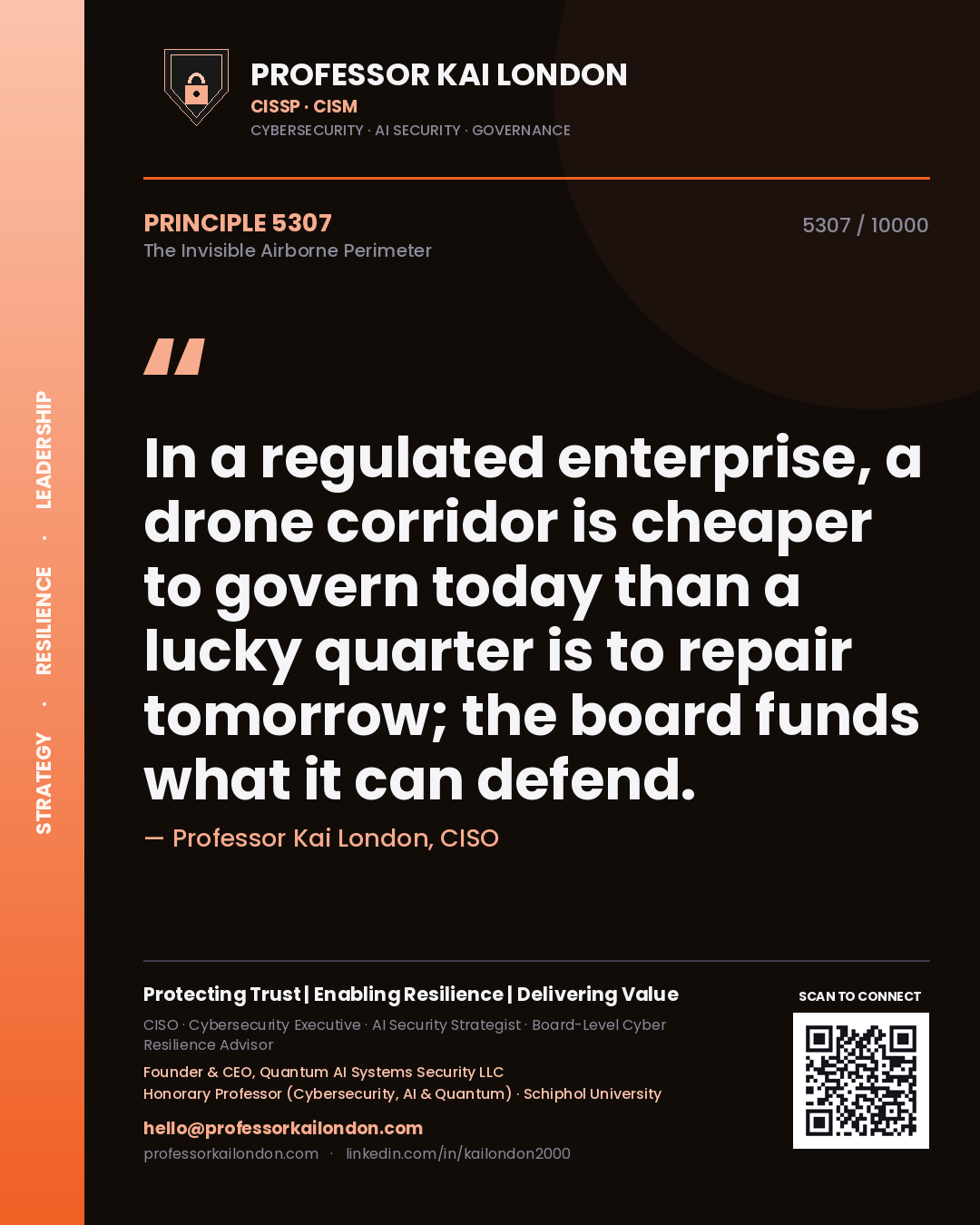 Professor Kai London principle 5307: In a regulated enterprise, a drone corridor is cheaper to govern today than a lucky quarter is to repair tomorrow; the board funds what it can defend.