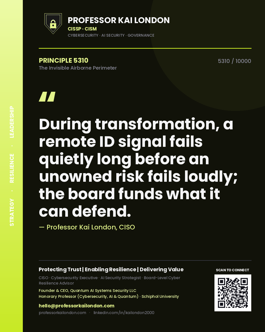 Professor Kai London principle 5310: During transformation, a remote ID signal fails quietly long before an unowned risk fails loudly; the board funds what it can defend.