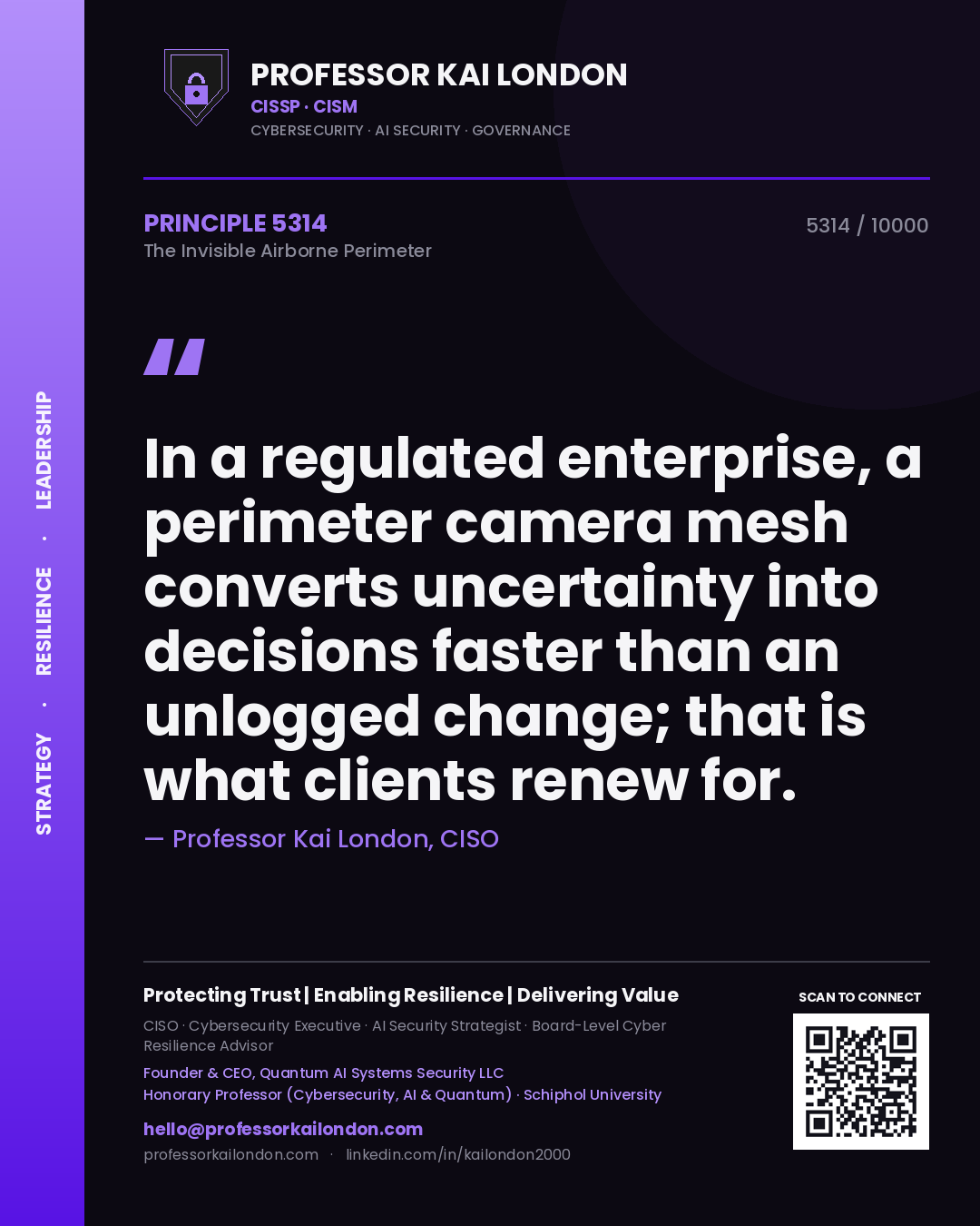 Professor Kai London principle 5314: In a regulated enterprise, a perimeter camera mesh converts uncertainty into decisions faster than an unlogged change; that is what clients renew for.