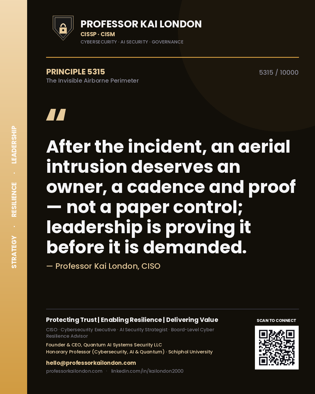 Professor Kai London principle 5315: After the incident, an aerial intrusion deserves an owner, a cadence and proof — not a paper control; leadership is proving it before it is demanded.