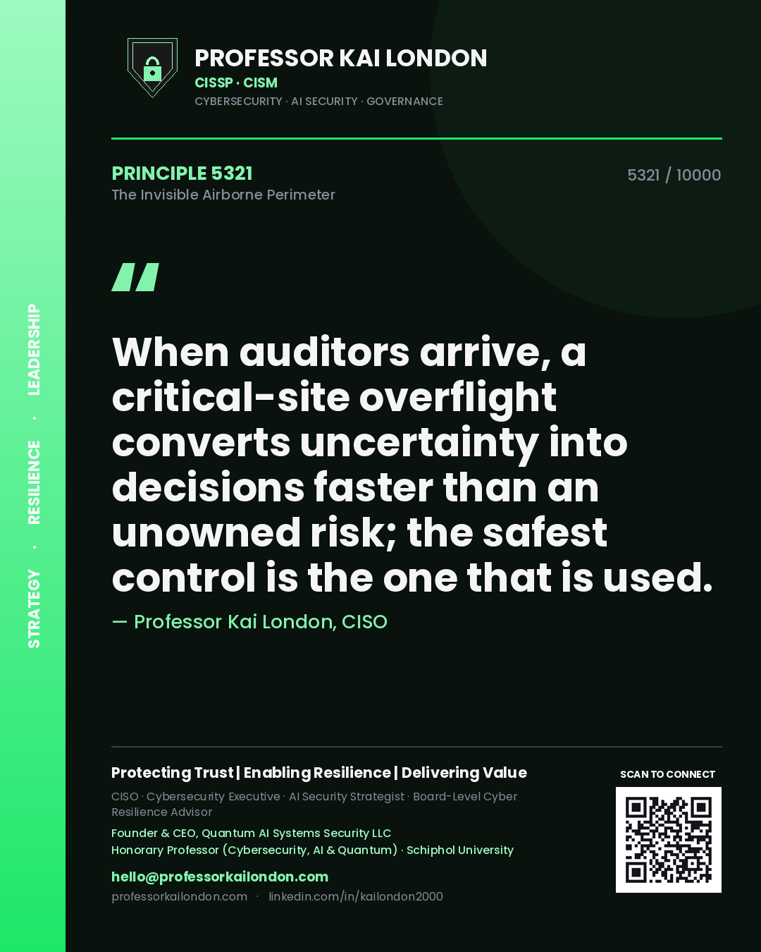Professor Kai London principle 5321: When auditors arrive, a critical-site overflight converts uncertainty into decisions faster than an unowned risk; the safest control is the one that is used.