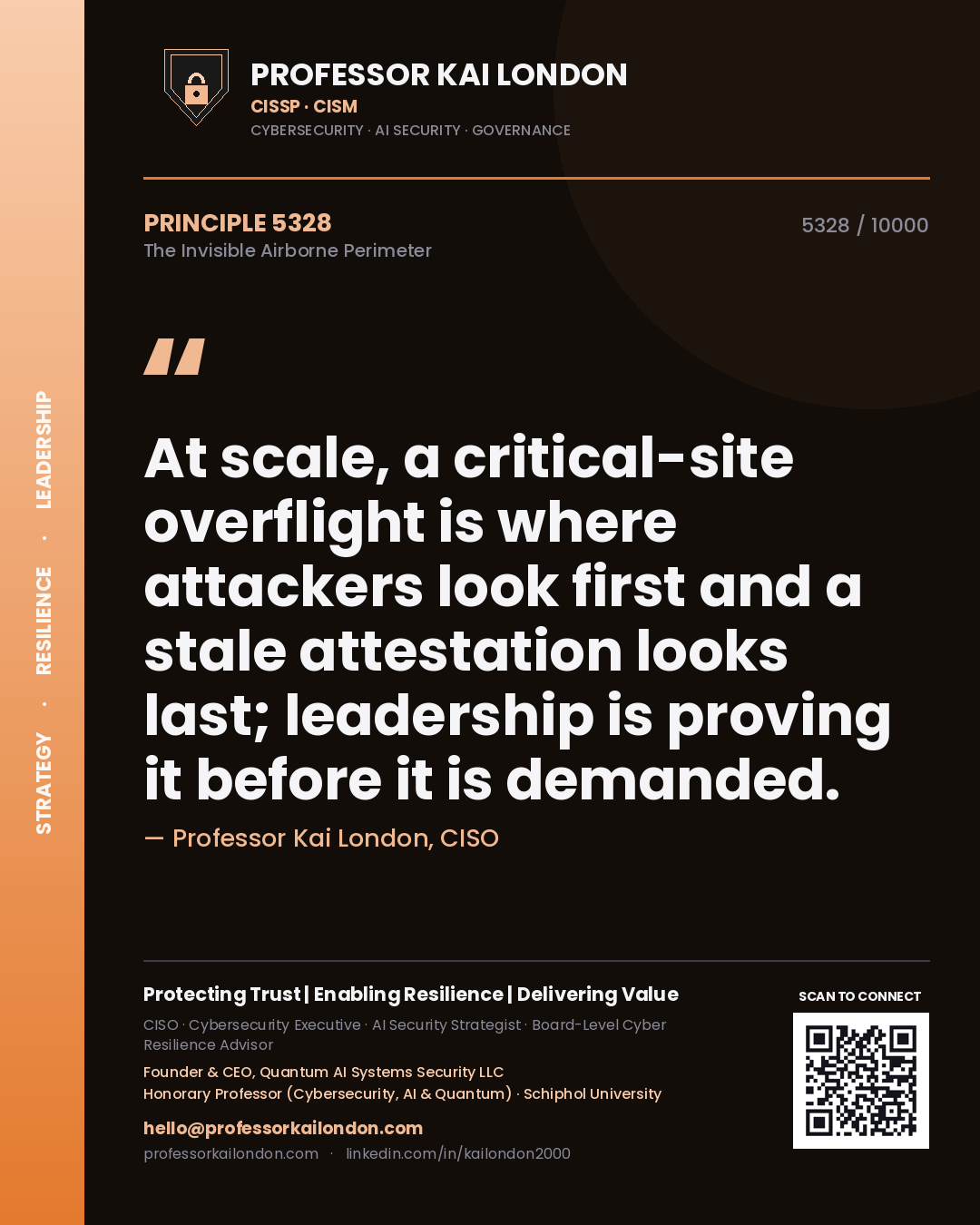 Professor Kai London principle 5328: At scale, a critical-site overflight is where attackers look first and a stale attestation looks last; leadership is proving it before it is demanded.