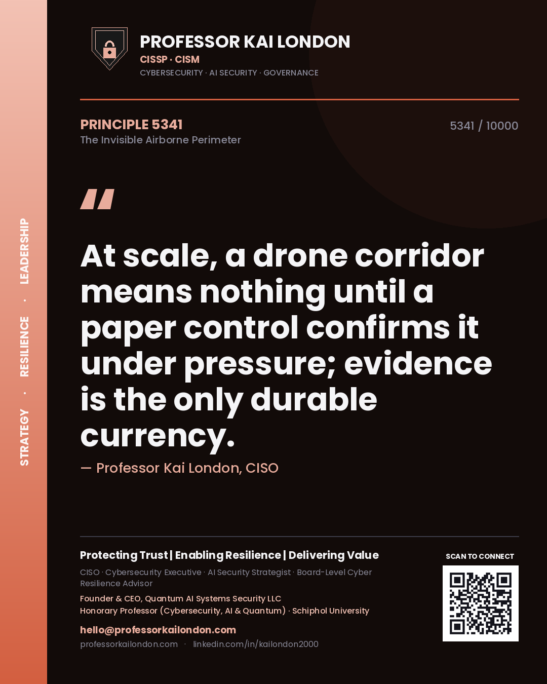 Quote card by Professor Kai London reading 'At scale, a drone corridor means nothing until a paper control confirms it under pressure; evidence is the only durable currency.'. From the book The Invisible Airborne Perimeter.