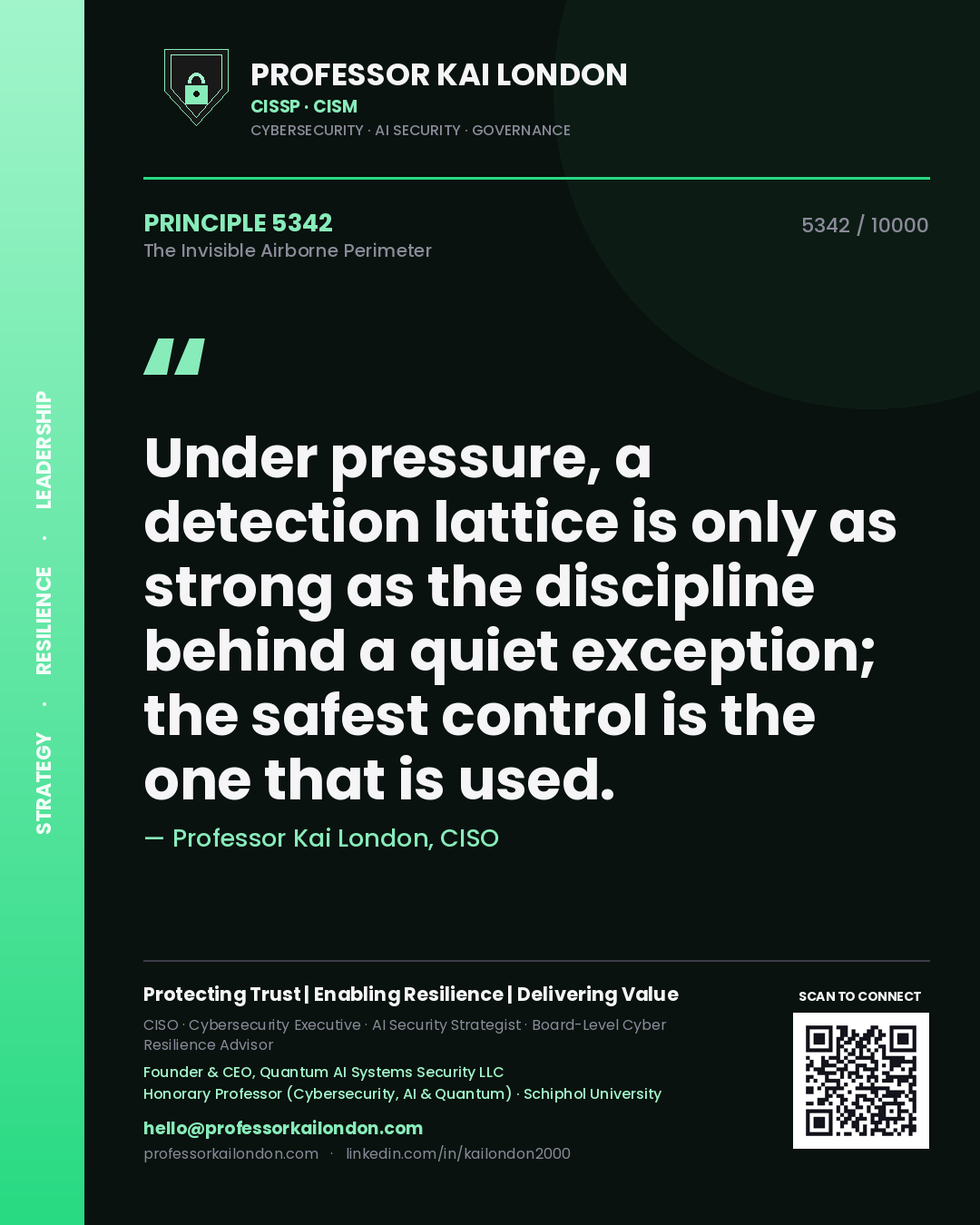 Quote card by Professor Kai London reading 'Under pressure, a detection lattice is only as strong as the discipline behind a quiet exception; the safest control is the one that is used.'. From the book The Invisible Airborne Perimeter.