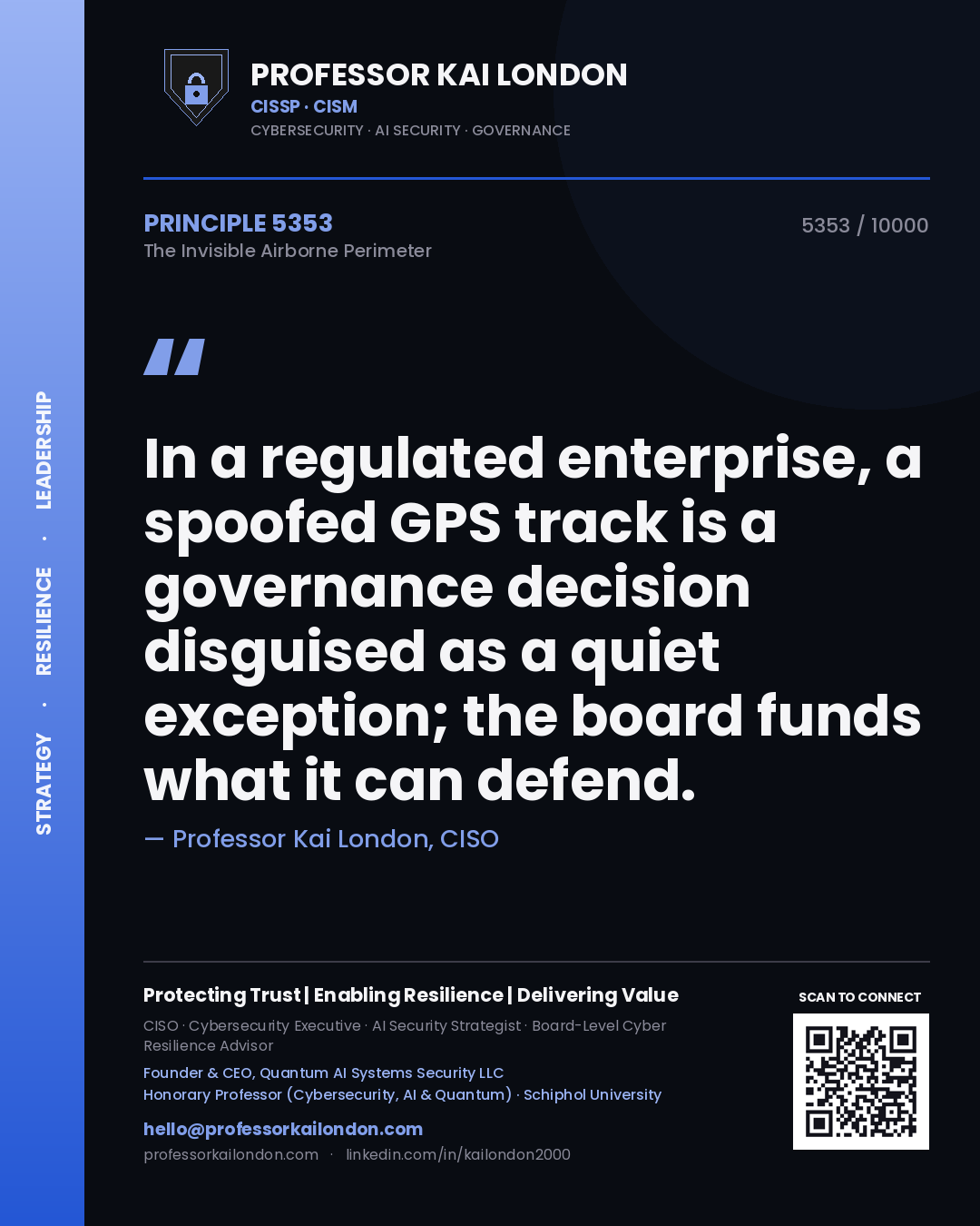 Quote card by Professor Kai London reading 'In a regulated enterprise, a spoofed GPS track is a governance decision disguised as a quiet exception; the board funds what it can defend.'. From the book The Invisible Airborne Perimeter.
