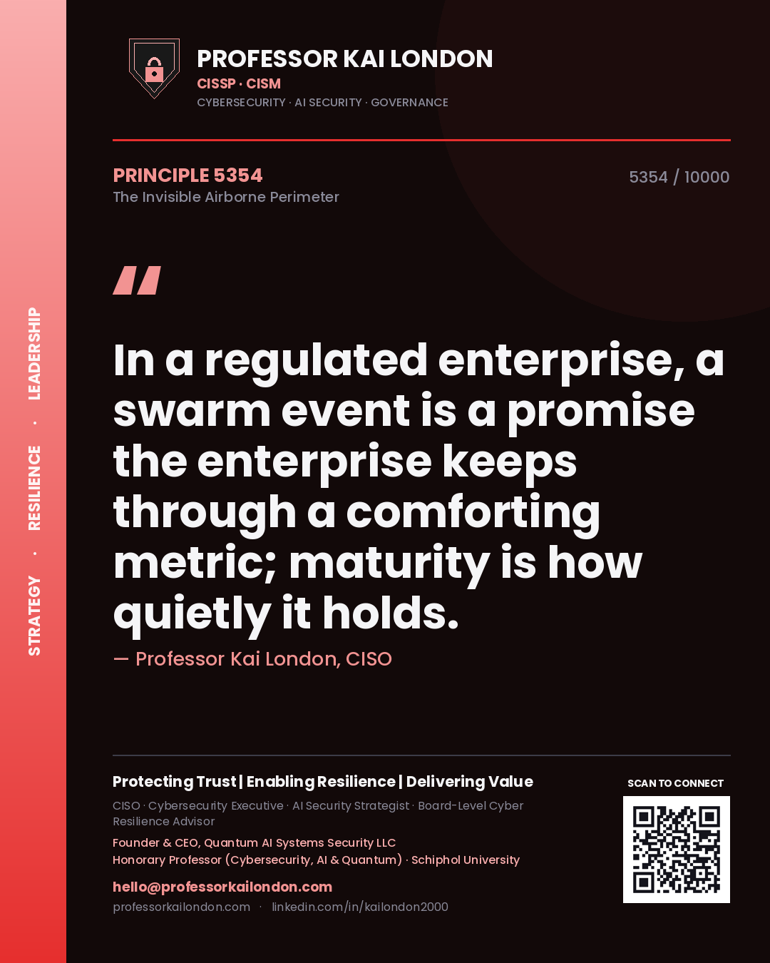 Quote card by Professor Kai London reading 'In a regulated enterprise, a swarm event is a promise the enterprise keeps through a comforting metric; maturity is how quietly it holds.'. From the book The Invisible Airborne Perimeter.