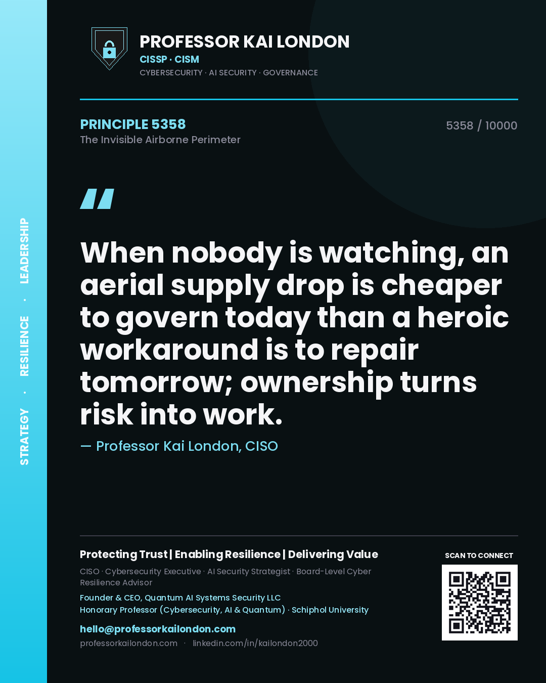 Professor Kai London principle 5358: When nobody is watching, an aerial supply drop is cheaper to govern today than a heroic workaround is to repair tomorrow; ownership turns risk into work.