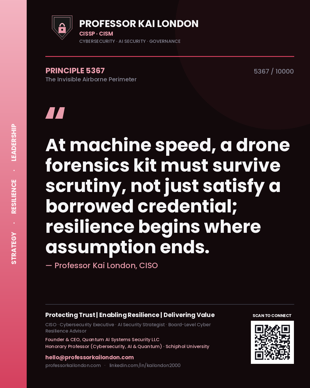Quote card by Professor Kai London reading 'At machine speed, a drone forensics kit must survive scrutiny, not just satisfy a borrowed credential; resilience begins where assumption ends.'. From the book The Invisible Airborne Perimeter.