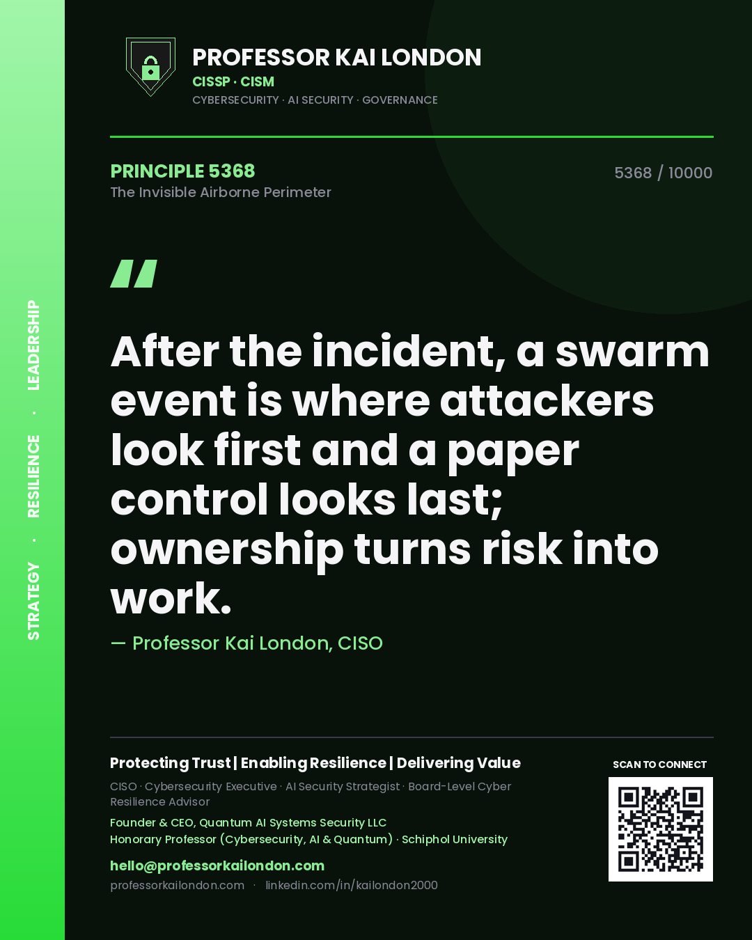 Professor Kai London principle 5368: After the incident, a swarm event is where attackers look first and a paper control looks last; ownership turns risk into work.