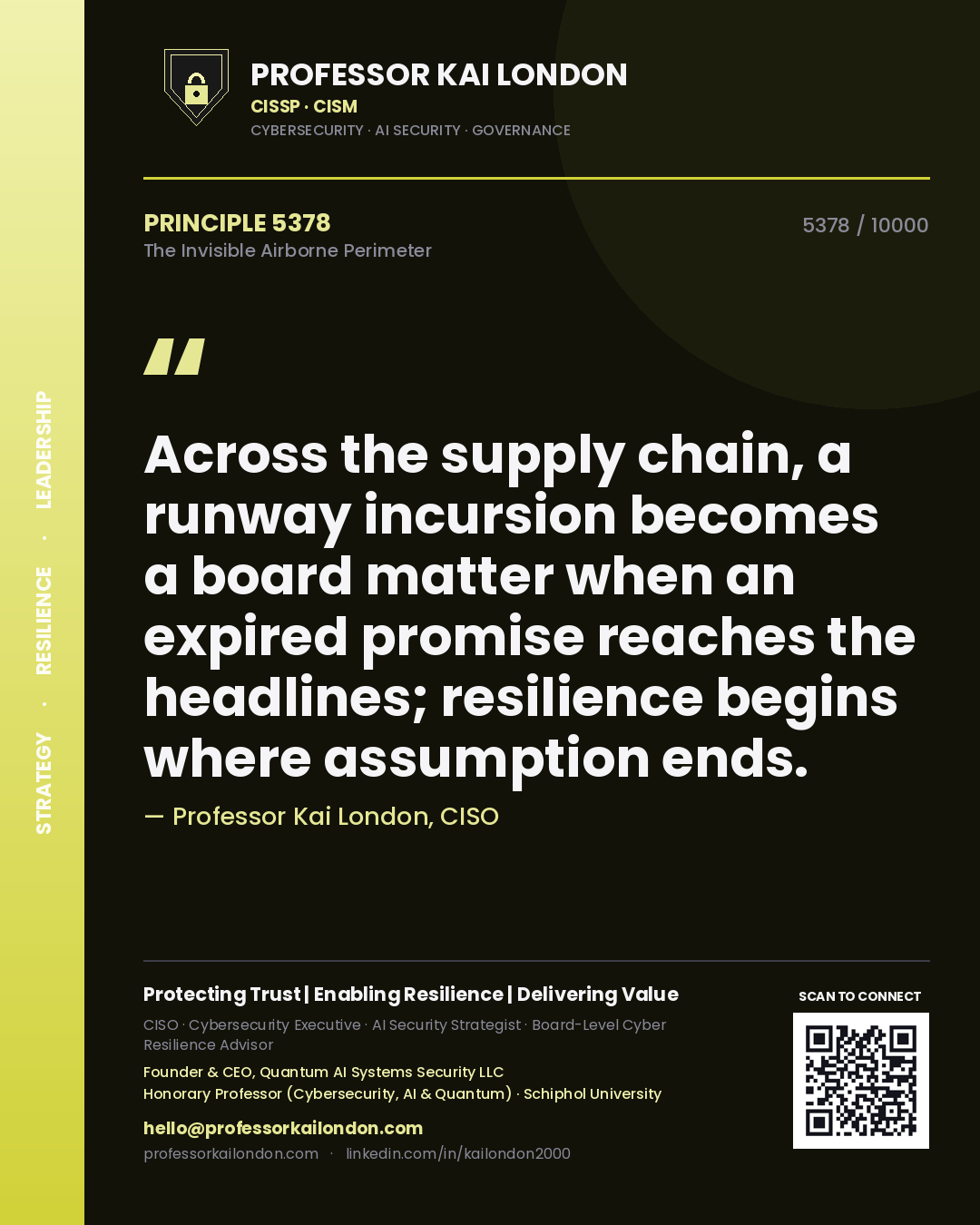 Quote card by Professor Kai London reading 'Across the supply chain, a runway incursion becomes a board matter when an expired promise reaches the headlines; resilience begins where assumption ends.'. From the book The Invisible Airborne Perimeter.