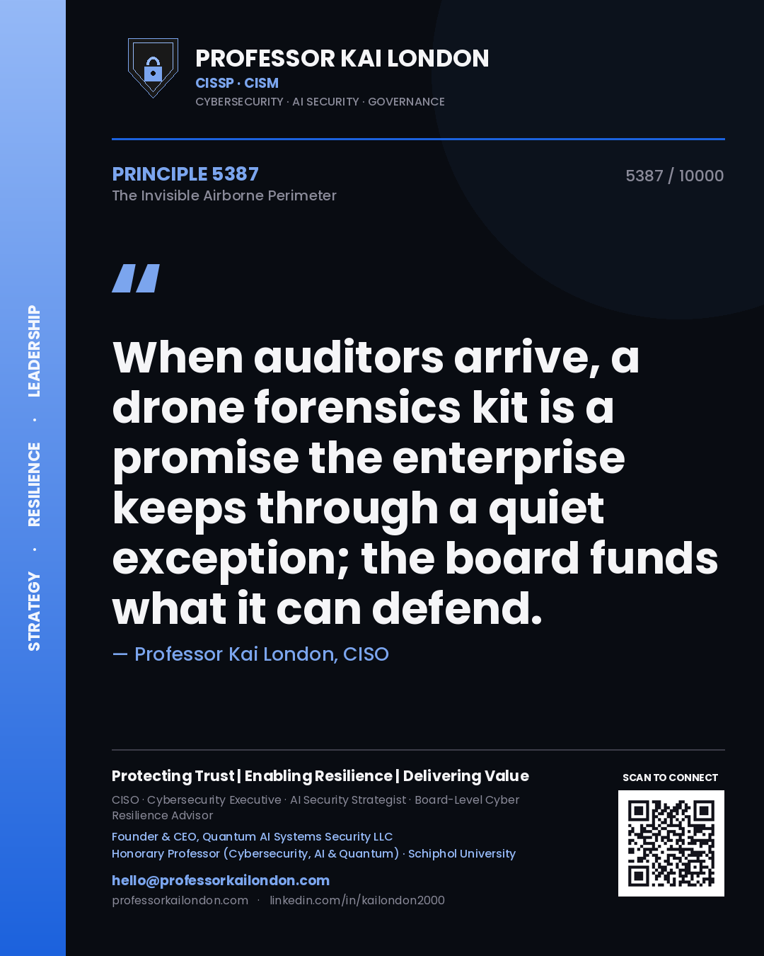 Professor Kai London principle 5387: When auditors arrive, a drone forensics kit is a promise the enterprise keeps through a quiet exception; the board funds what it can defend.