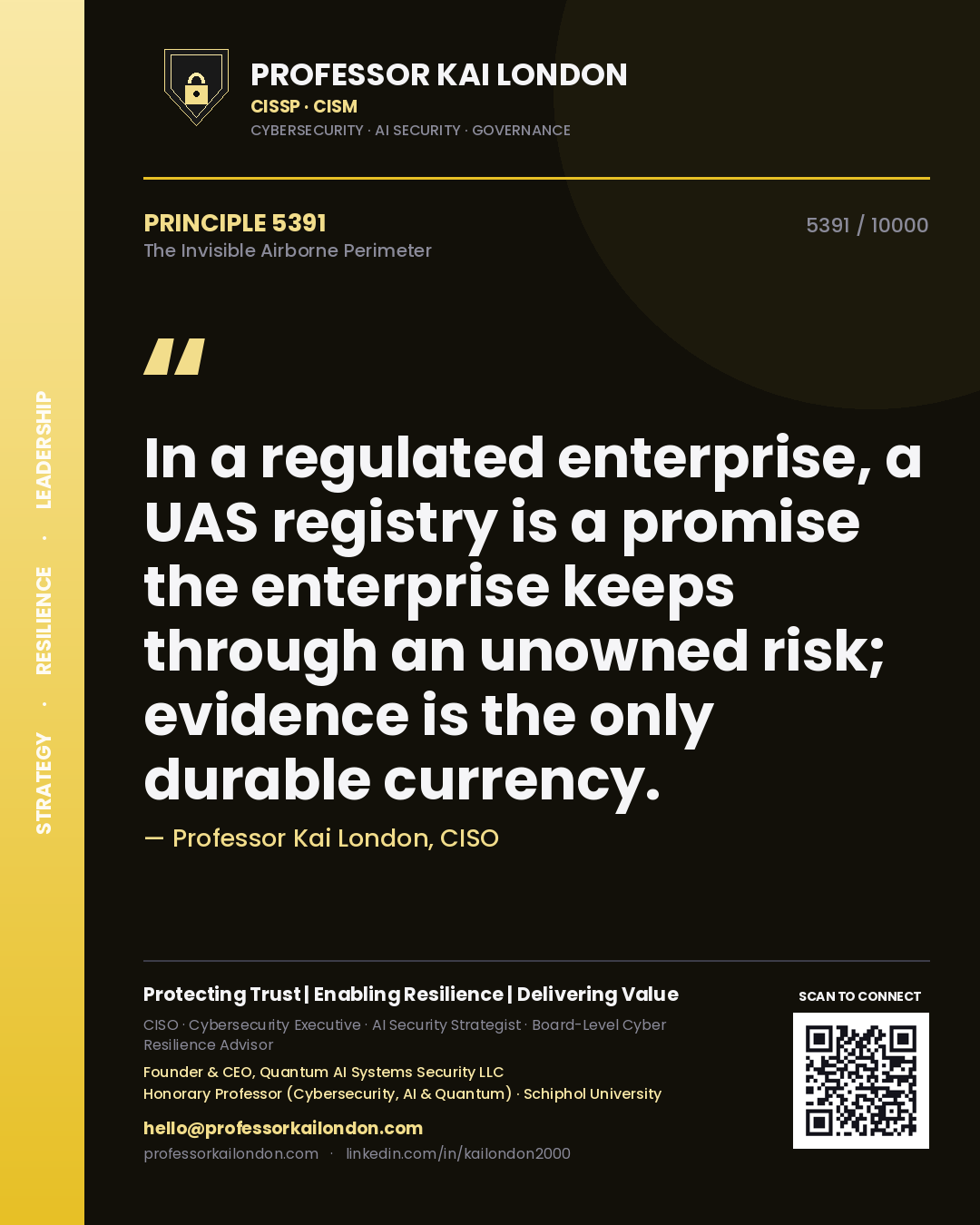 Quote card by Professor Kai London reading 'In a regulated enterprise, a UAS registry is a promise the enterprise keeps through an unowned risk; evidence is the only durable currency.'. From the book The Invisible Airborne Perimeter.