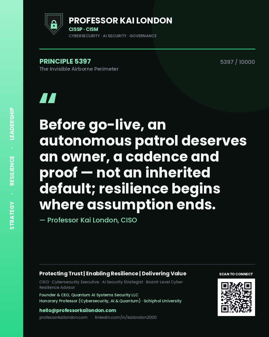 Quote card by Professor Kai London reading 'Before go-live, an autonomous patrol deserves an owner, a cadence and proof — not an inherited default; resilience begins where assumption ends.'. From the book The Invisible Airborne Perimeter.